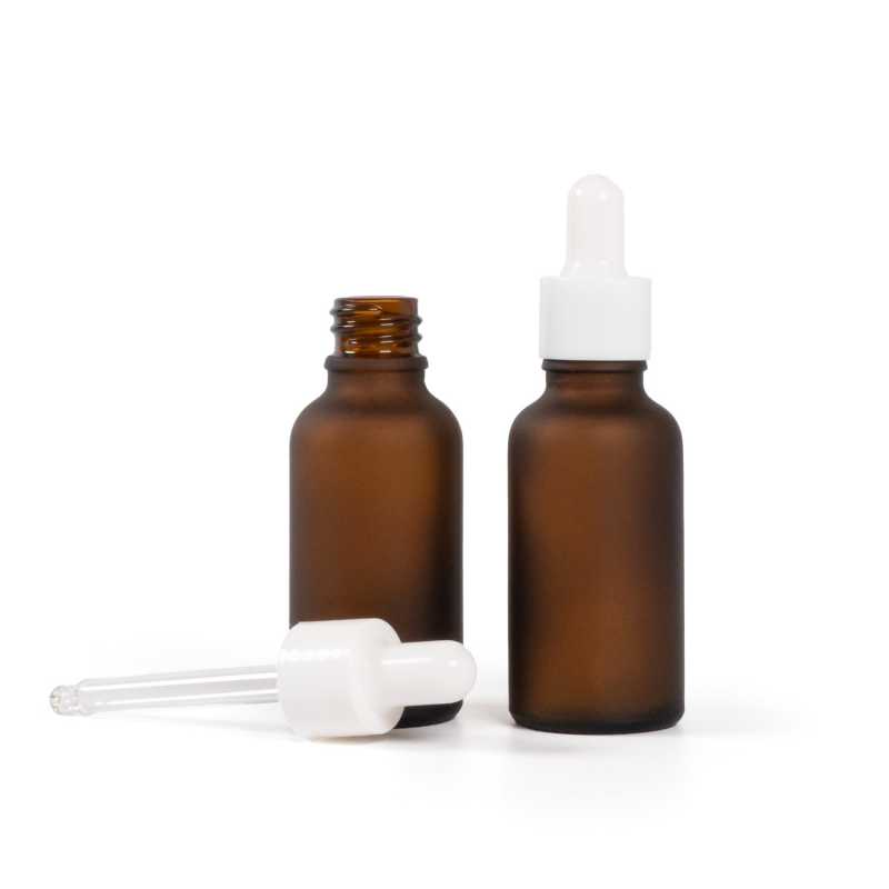 Matt borostyánszínű üvegpalack, fényes fehér pipetta, 30 ml