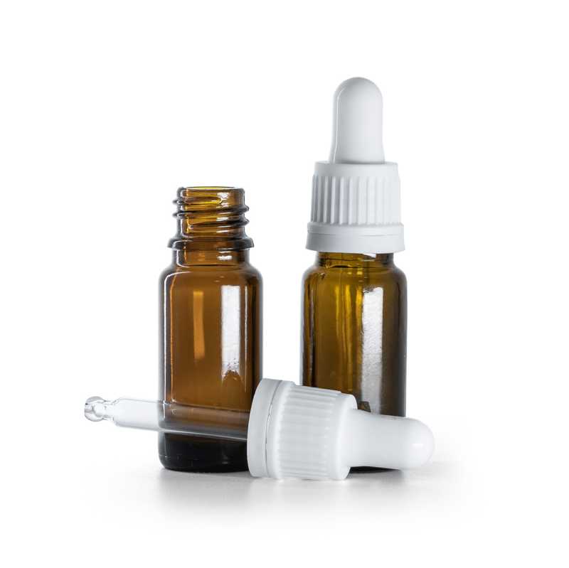 Borostyánszínű üvegpalack B típusú karcsú, fehér cseppentő, 10 ml