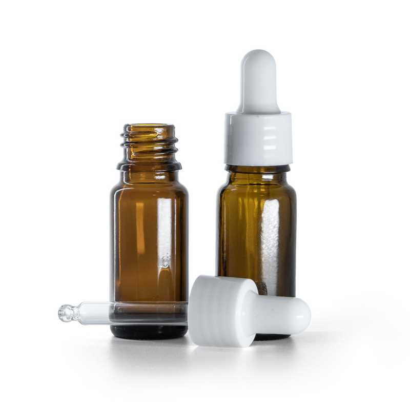 Borostyánszínű üvegpalack B típusú karcsú fényes fehér cseppentő 10 ml