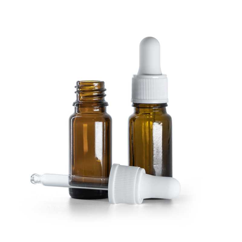 Borostyánszínű üvegpalack B típus, karcsú, matt fehér cseppentős kupak, 10 ml