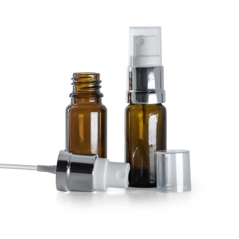 Borostyánszínű üvegpalack B típus karcsú ezüst-fehér permetező 10 ml