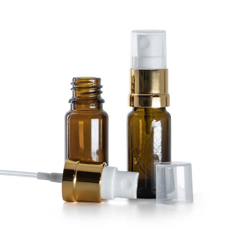 Borostyánszínű üvegpalack B típus, karcsú, fehér-arany permetezőfej, 10 ml