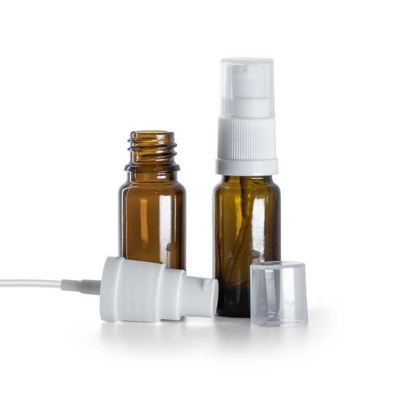 Borostyánszínű üvegpalack B típus, karcsú, fehér adagolópumpa, 10 ml