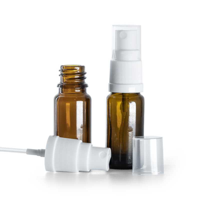 Barna üvegpalack B típus, karcsú, fehér permetező, 10 ml