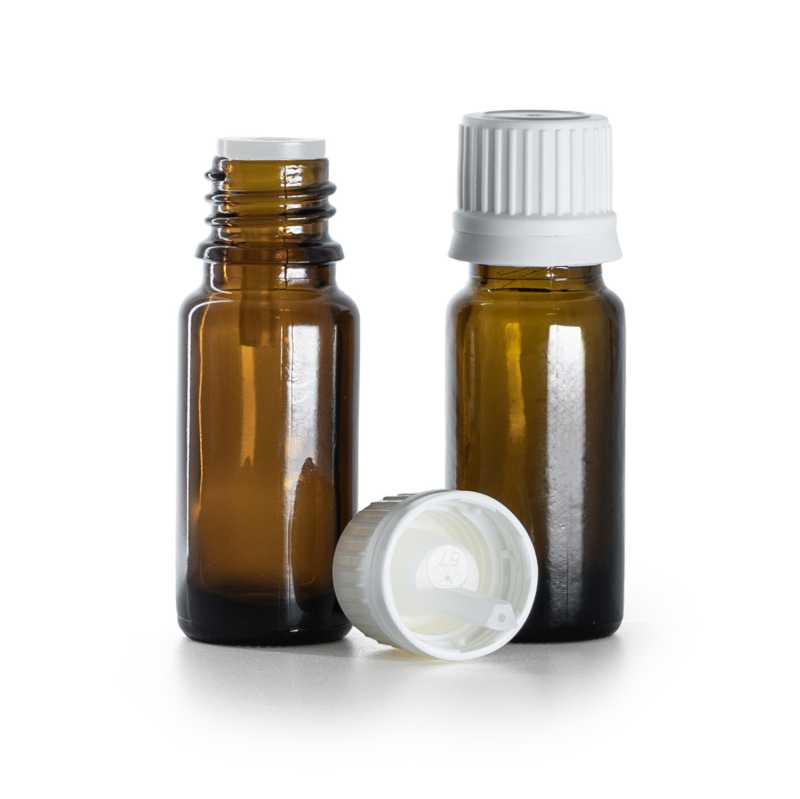 B típusú, karcsú, borostyánszínű üvegpalack, fehér biztonsági kupakkal és cseppentővel, 10 ml