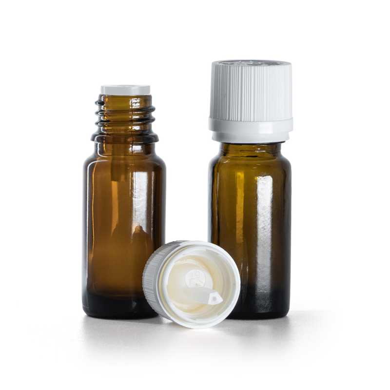 Borostyánszínű üvegpalack B típus, magas, fehér garanciazáras kupak, 10 ml