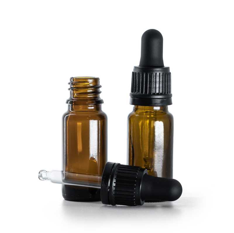 Borostyánszínű üvegpalack B típus, karcsú, fekete garanciazáras cseppentővel, 10 ml