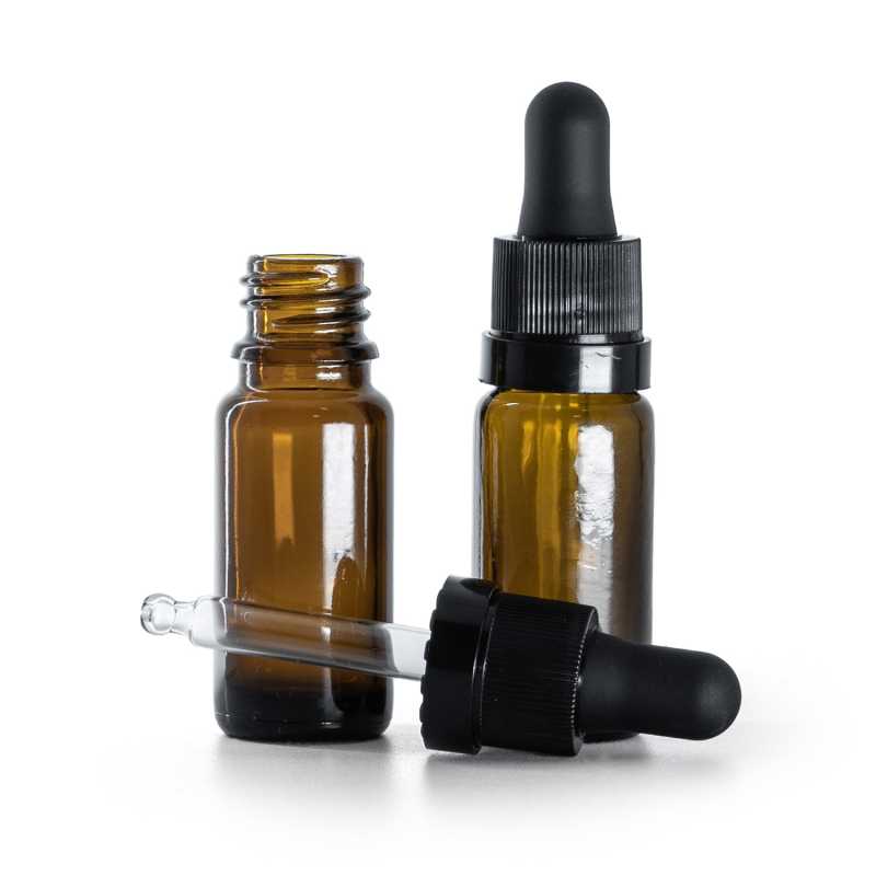 Borostyánszínű üvegpalack B típus, magas, matt fekete cseppentő fényes gyűrűvel, 10 ml