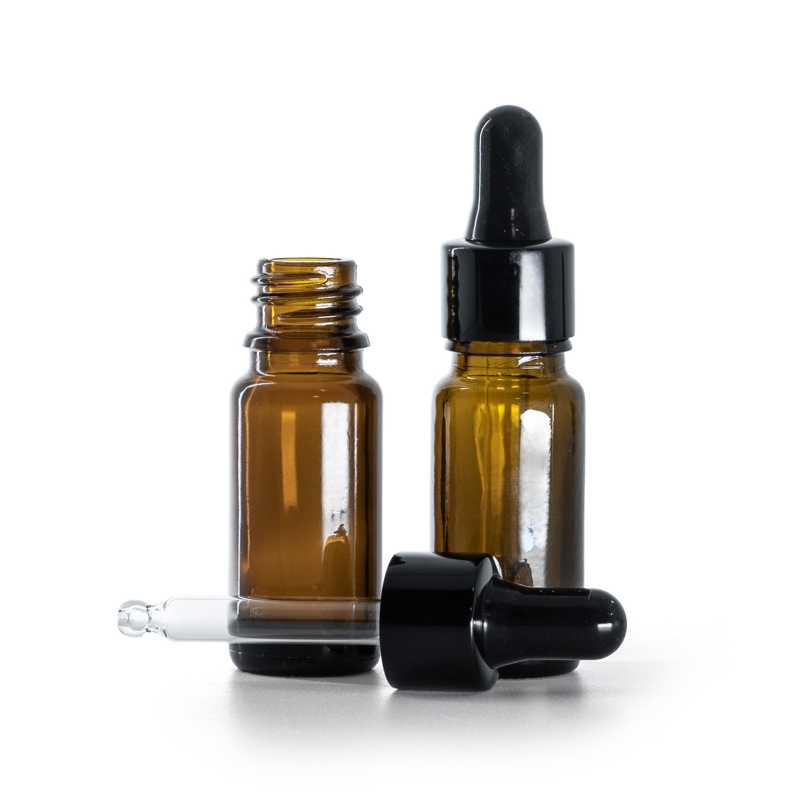 Borostyánszínű üvegpalack B típus, magas, fényes fekete cseppentő, 10 ml