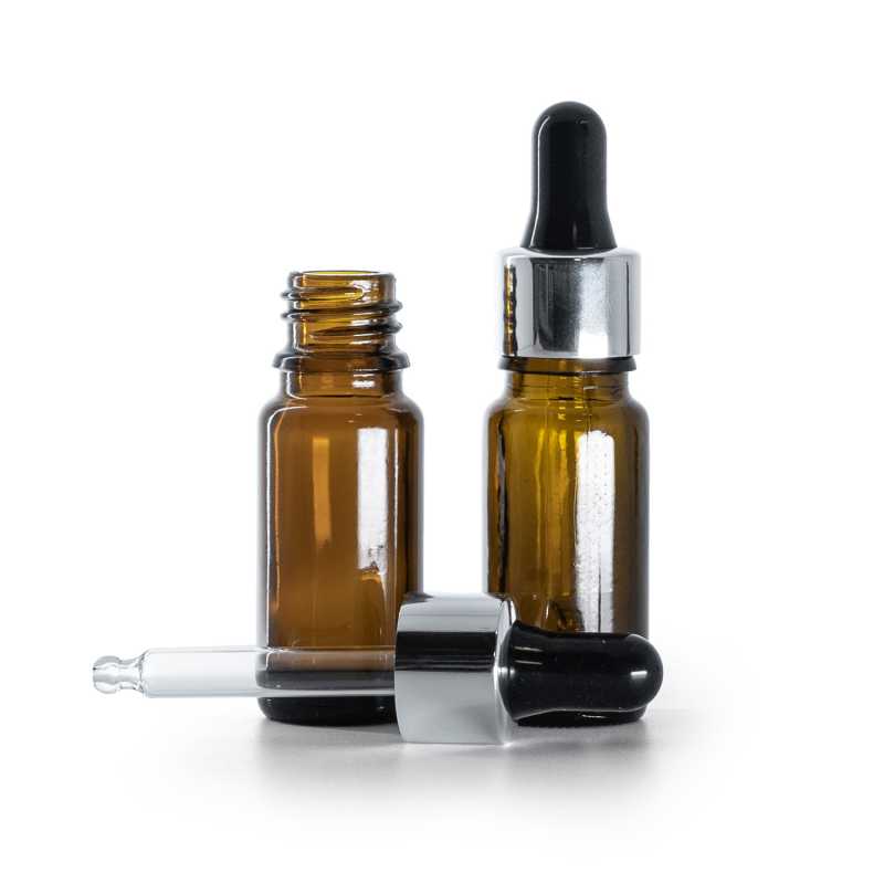 Barna üvegpalack B típus, magas, fényes ezüst-fekete pipettás kupak, 10 ml