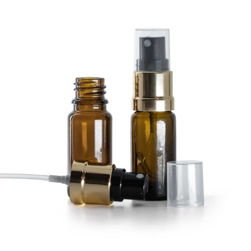 Borostyánszínű üvegpalack B típus keskeny fekete-arany permetezőfej 10 ml