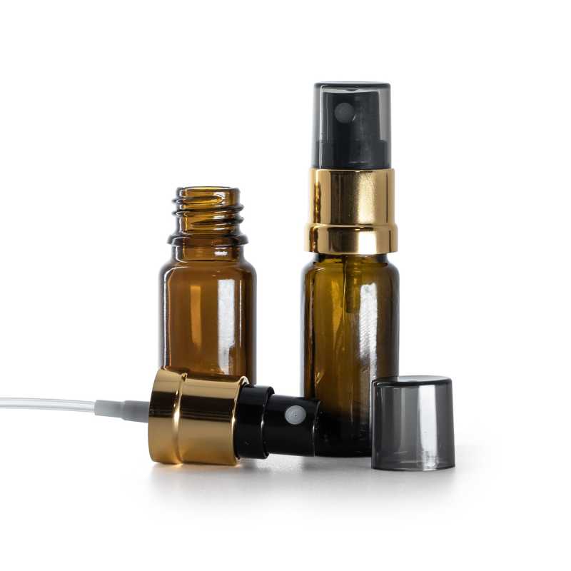 Borostyánszínű üvegpalack B típus, karcsú, fekete-arany permetezőfej, smoky kupak, 10 ml