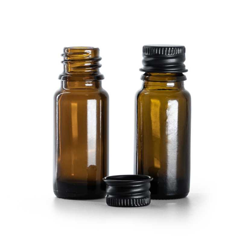 Borostyánszínű üvegpalack B típusú karcsú fekete alumínium kupak 10 ml