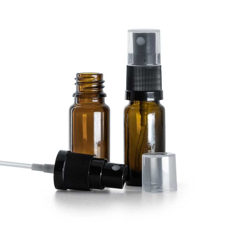 Borostyánszínű üvegpalack B típus, karcsú, fekete permetező, 10 ml