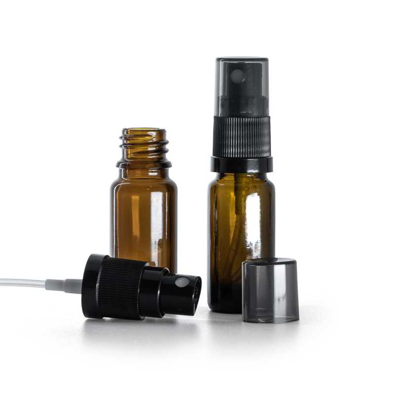 Barna üvegcse, B típus, karcsú, fekete finompermetező, füstös felső kupak, 10 ml