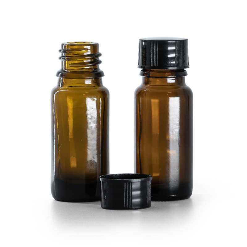 B típusú borostyánsárga üvegpalack, karcsú, fekete kupakkal, 10 ml