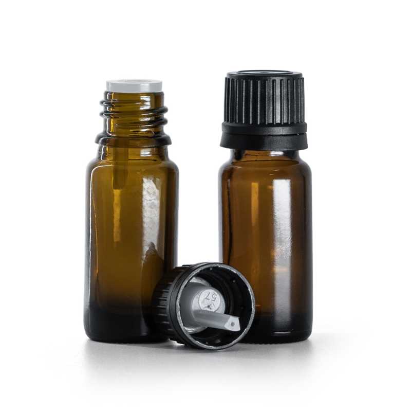 Barna üvegpalack B típus, karcsú, fekete kupak pipettával, 10 ml