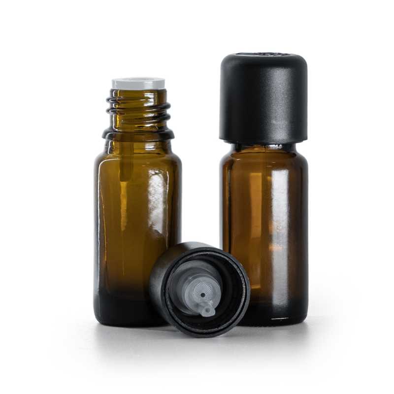 Borostyánszínű üvegpalack B típus, magas, fekete garanciazáras kupak cseppentővel, 10 ml