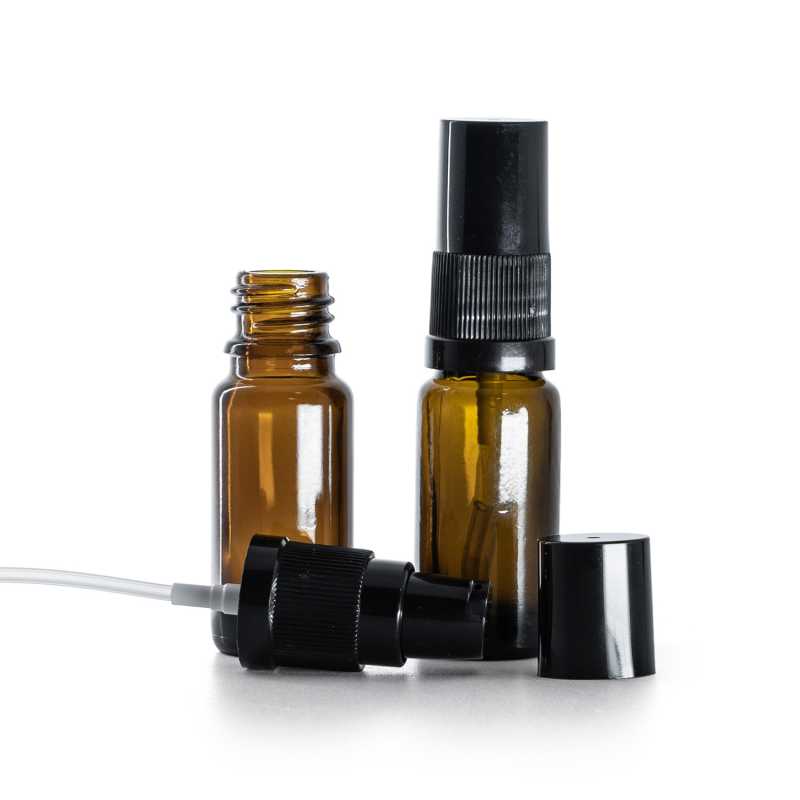 Borostyánszínű üvegpalack B típus karcsú fekete adagolófej fekete kupakkal 10 ml