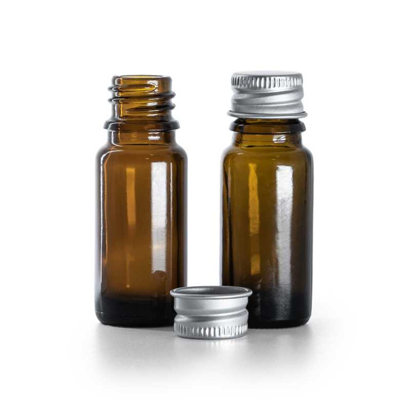 Barna üvegpalack B típus, karcsú, ezüst alumínium kupak, 10 ml