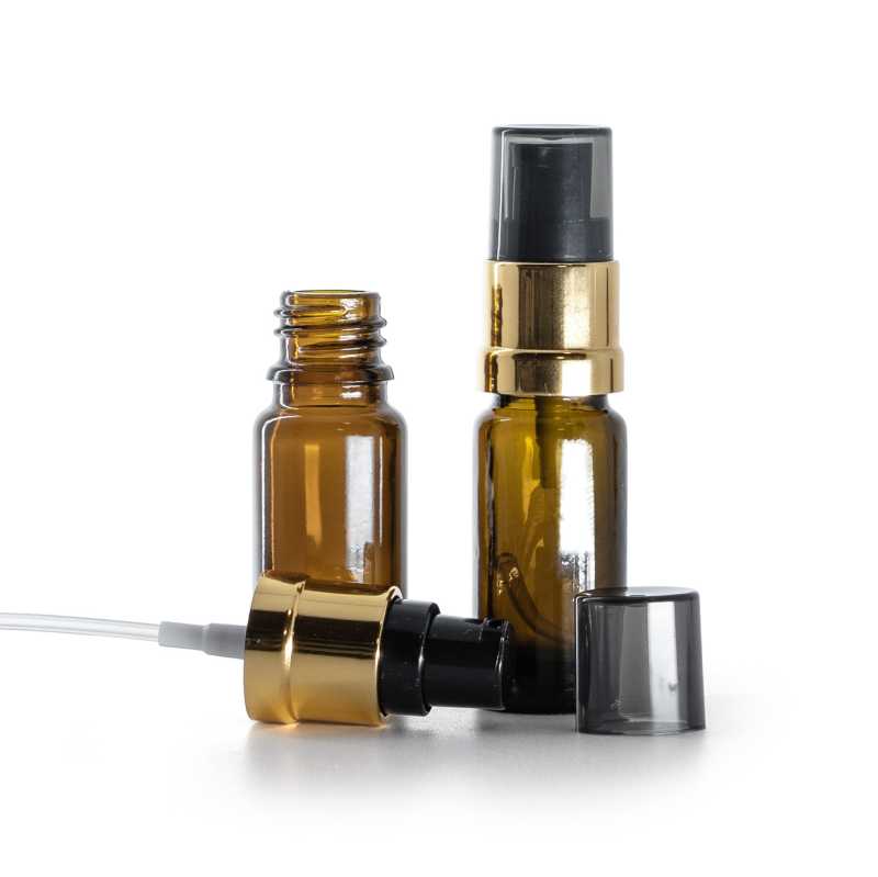 Barna üvegcse, B típus, magas, fényes fekete‑arany pumpa füstös felső kupakkal, 10 ml
