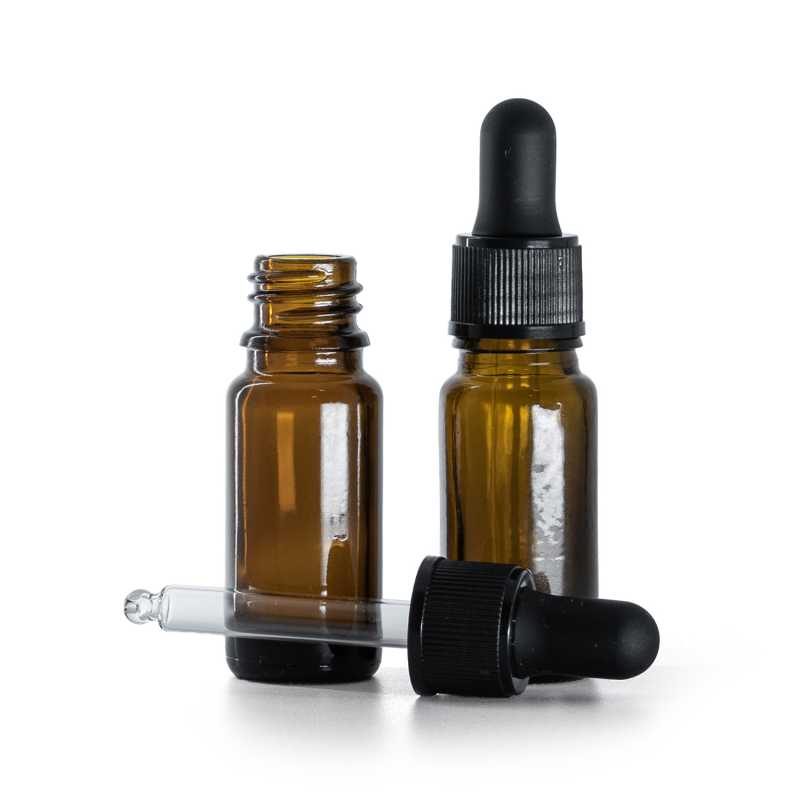 Borostyánszínű üvegpalack B típus, magas, fekete cseppentő, 10 ml