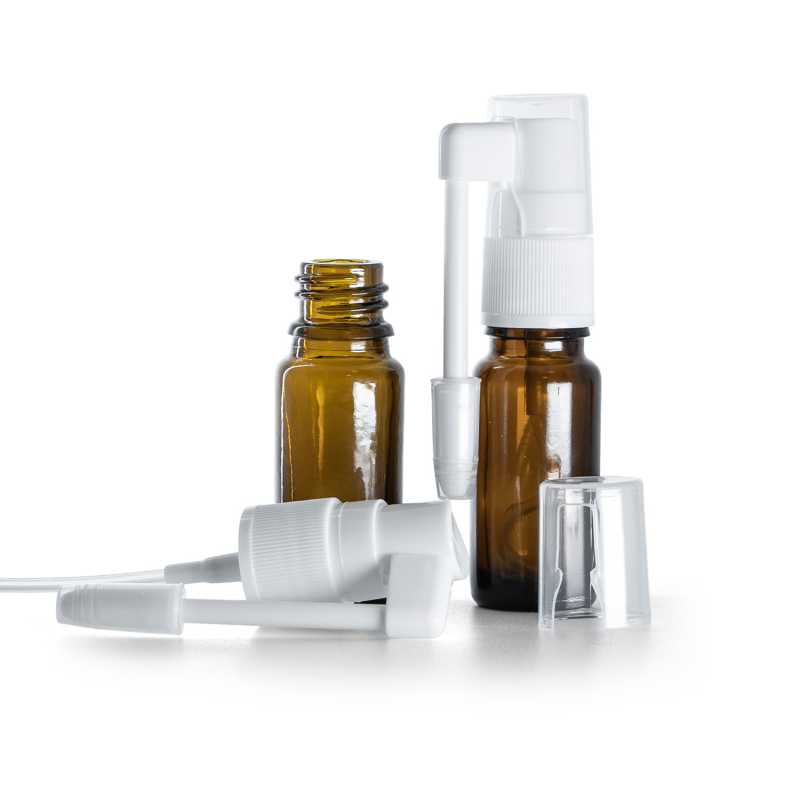 Borostyánszínű üvegpalack B típus, karcsú, szájpermet, 10 ml