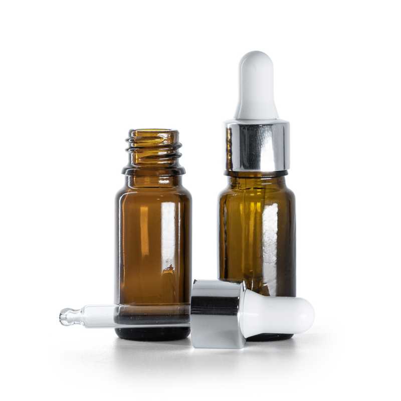 Borostyánszínű üvegpalack B típus, karcsú, fényes ezüst pipetta, 10 ml