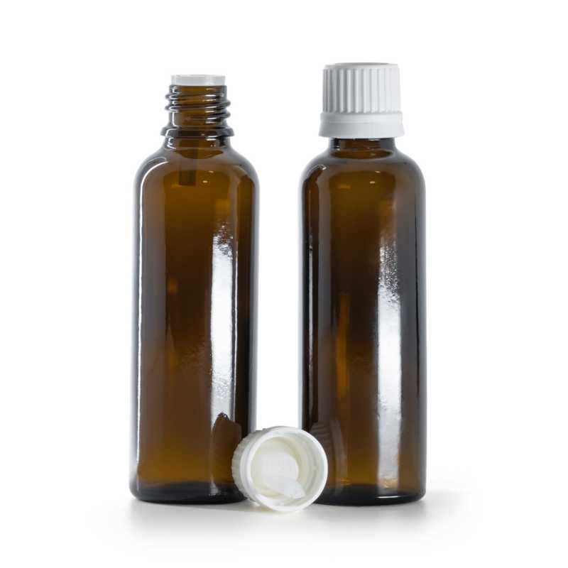 Borostyánszínű üvegpalack, karcsú, fehér garanciazáras cseppentős kupakkal, 50 ml