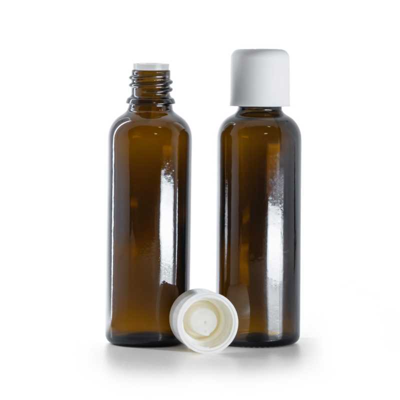 Magas borostyánszínű üvegpalack fehér biztonsági kupakkal cseppentővel 50 ml
