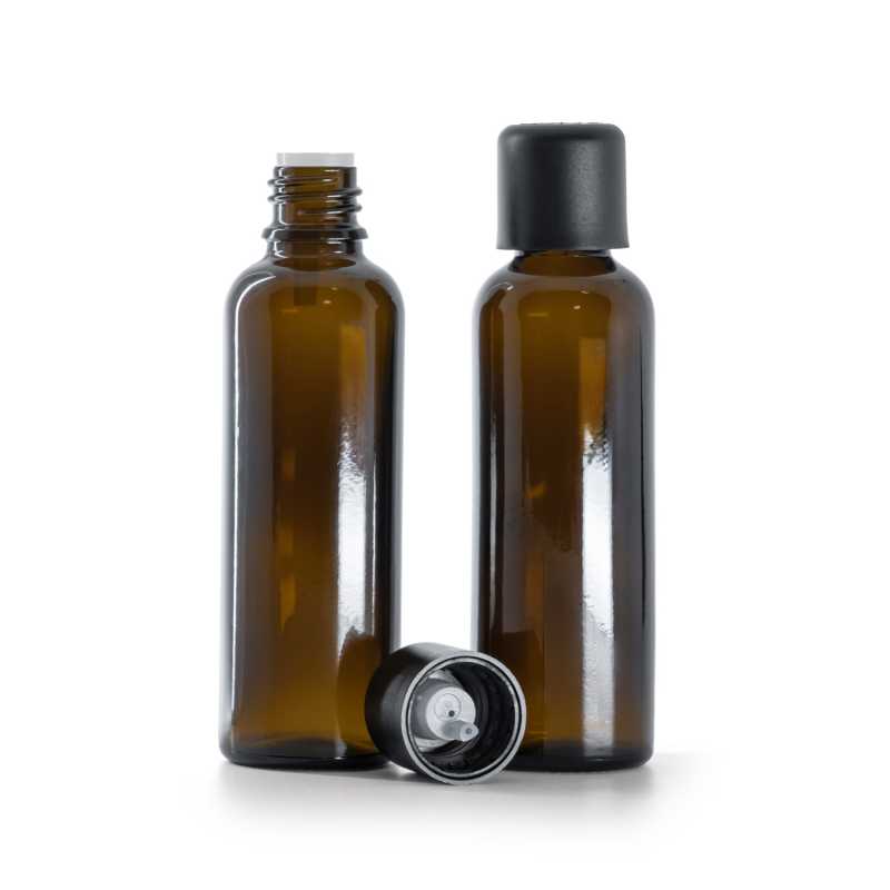 Karcsú borostyánszínű üvegpalack, fekete garantált zárással és csepegtetőbetéttel, 50 ml