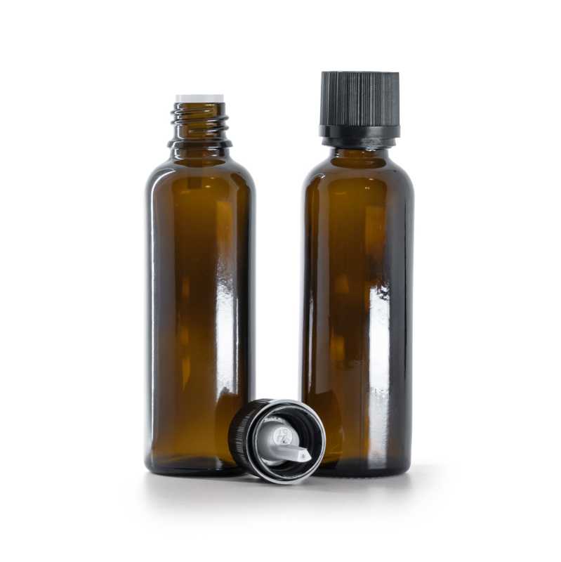 Magas borostyánszínű üvegpalack fekete biztonsági kupakkal 50 ml