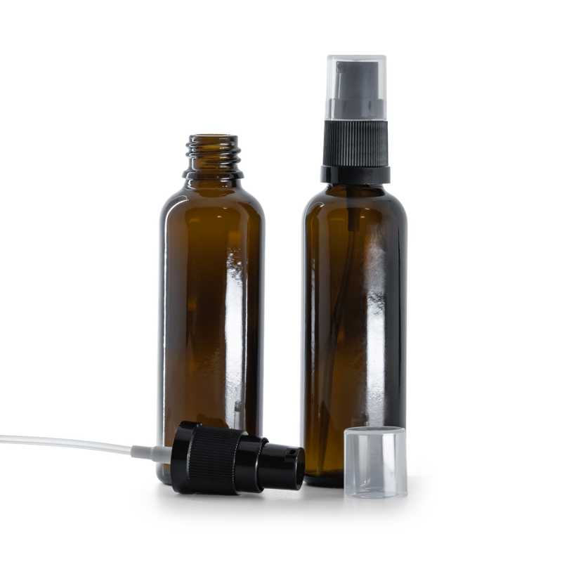 Karcsú, barna üvegpalack, krépadagoló pumpával, 50 ml