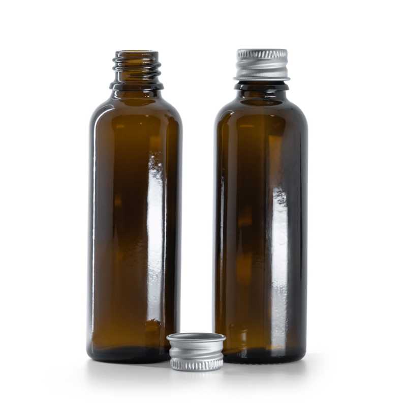Karcsú borostyánszínű üvegpalack, ezüst alumínium kupak, 50 ml