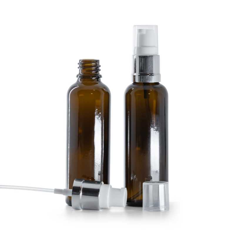 Barna üvegpalack, karcsú, fényes fehér-ezüst adagoló, 50 ml