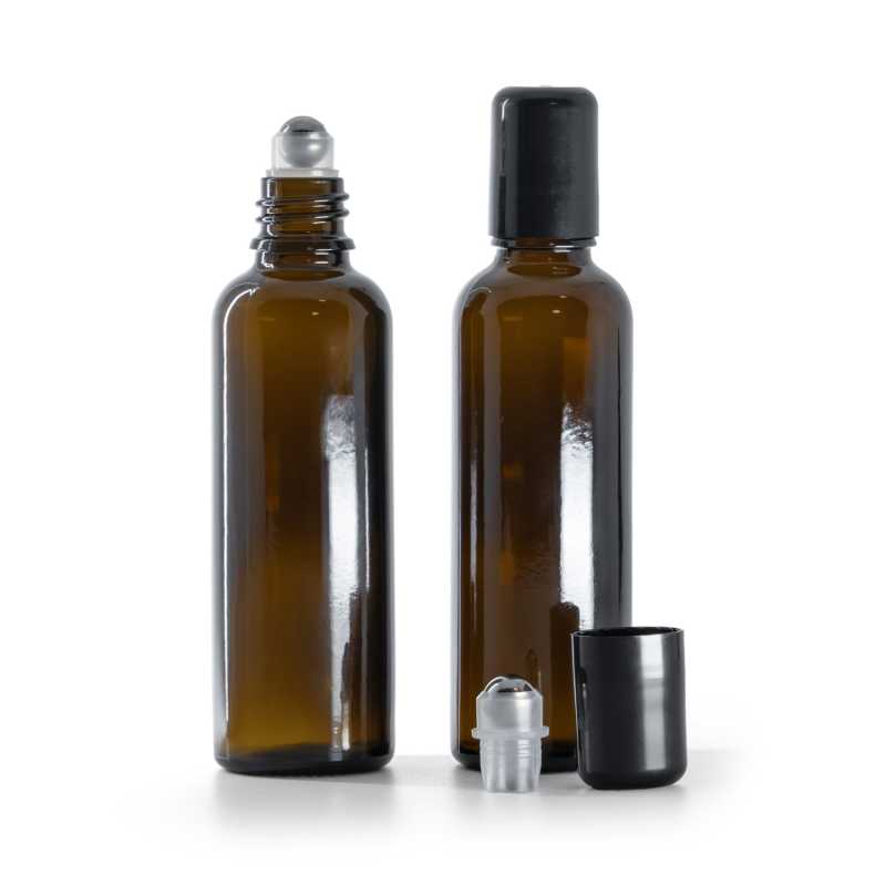 Karcsú, golyós adagolóval ellátott borostyánszínű üvegpalack, 50 ml