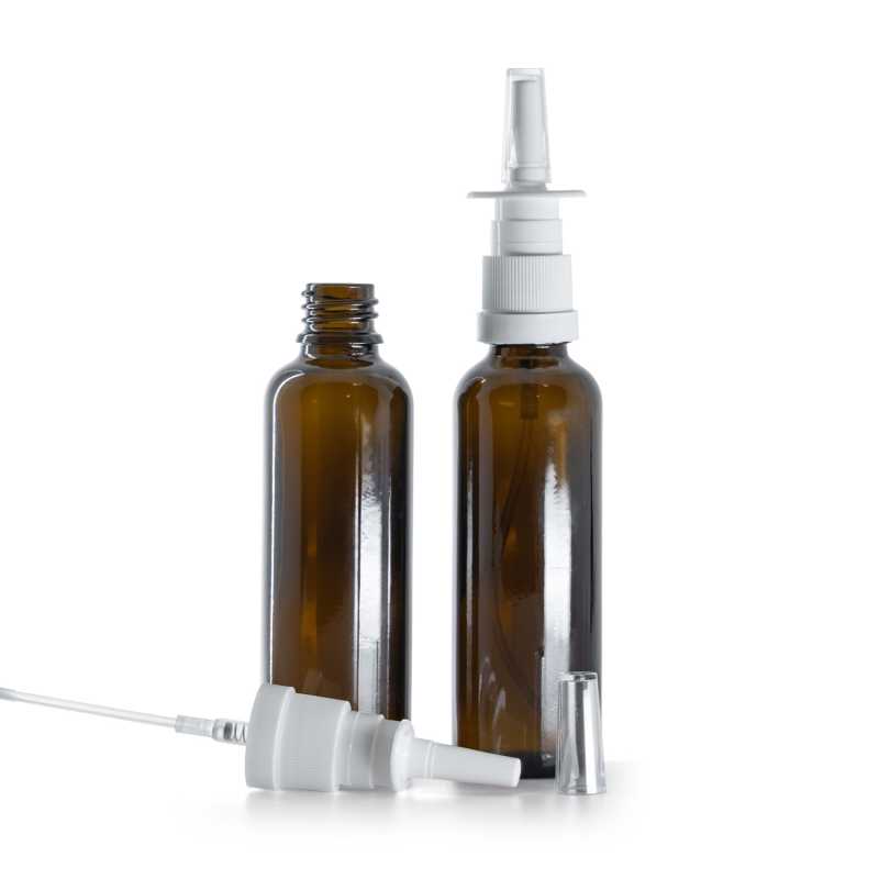 Karcsú barna üvegpalack, orrspray feltéttel, 50 ml