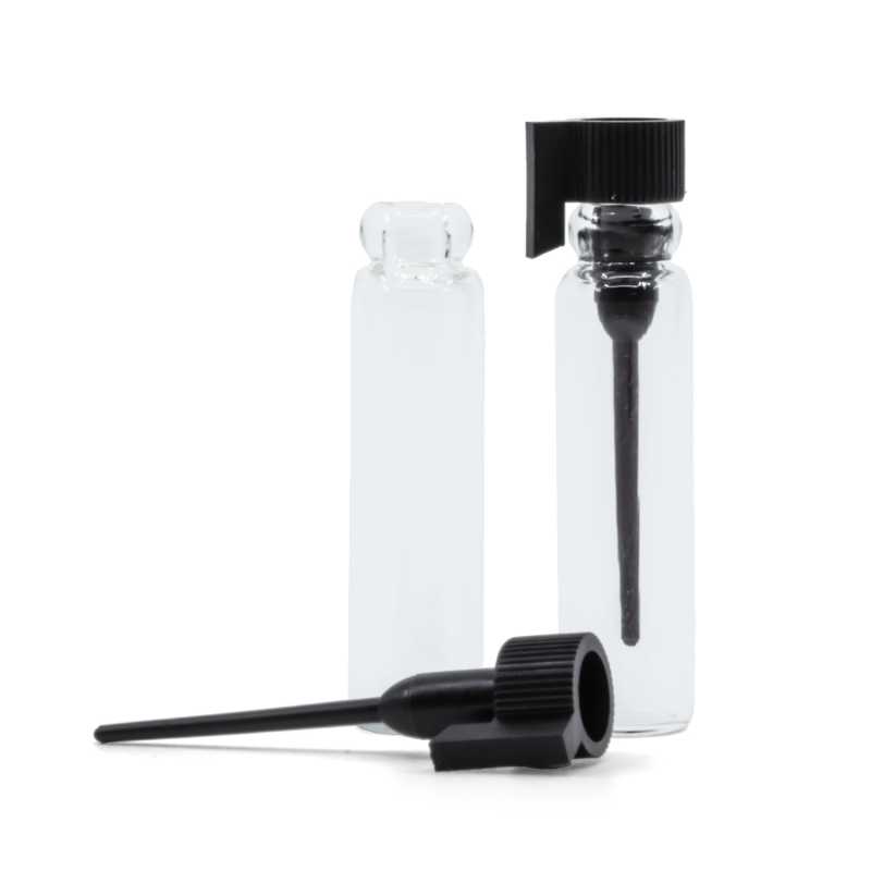 Üveg kozmetikai teszter fekete műanyag kupakkal, 1 ml