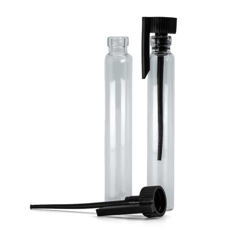 Üveg kozmetikai tester, fekete műanyag kupak, 2 ml