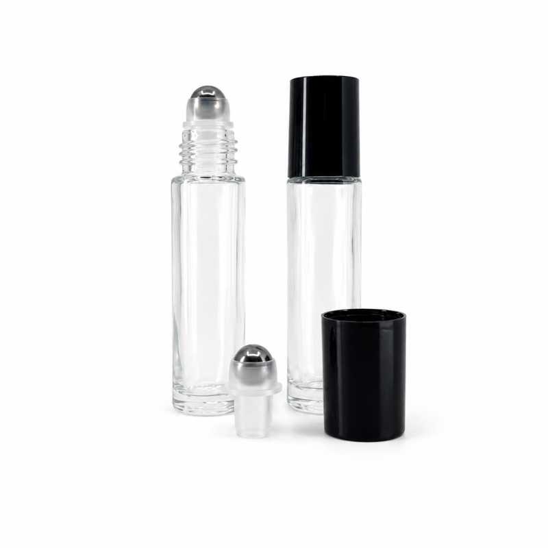 Átlátszó üveg roll-on üvegcse, fekete kupak, fém golyó, 10 ml